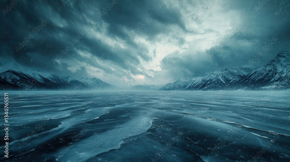Fototapeta premium vast frozen lake under dramatic cloudy sky, surrounded by snow covered mountains, with swirling winds creating intense winter atmosphere