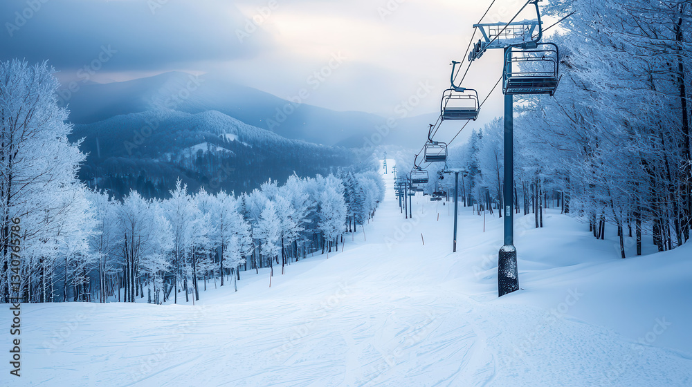 Obraz premium serene snow covered ski resort with empty chairlifts, frosty trees, and peaceful mountain backdrop under soft, cloudy sky