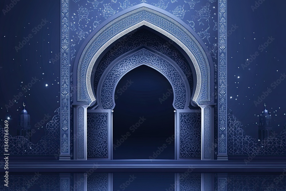 Fototapeta premium Intricate islamic archway design in deep navy and silver with stellar accents