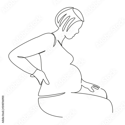 One continuous single drawing line art flat doodle pain, woman, mother, pregnant, back, backache. Isolated image hand draw contour on a white background, hand drawn, not AI