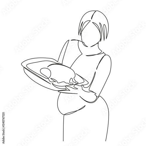 One continuous single drawing line art flat doodle woman, pregnant, kitchen, mother, vegetable, healthy, cooking. Isolated image hand draw contour on a white background, hand drawn, not AI