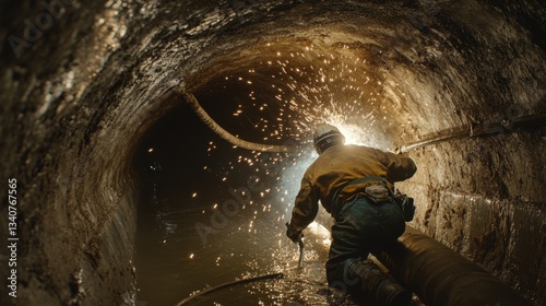 Dynamic Scene of a Welder in a Dark Underground Tunnel Creating Sparks, Wearing Protective Gear and Engaged in Industrial Work in Challenging Conditions