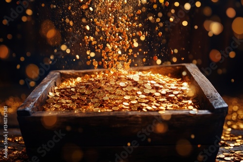Golden coins cascade from above, filling wooden chest with shimm photo