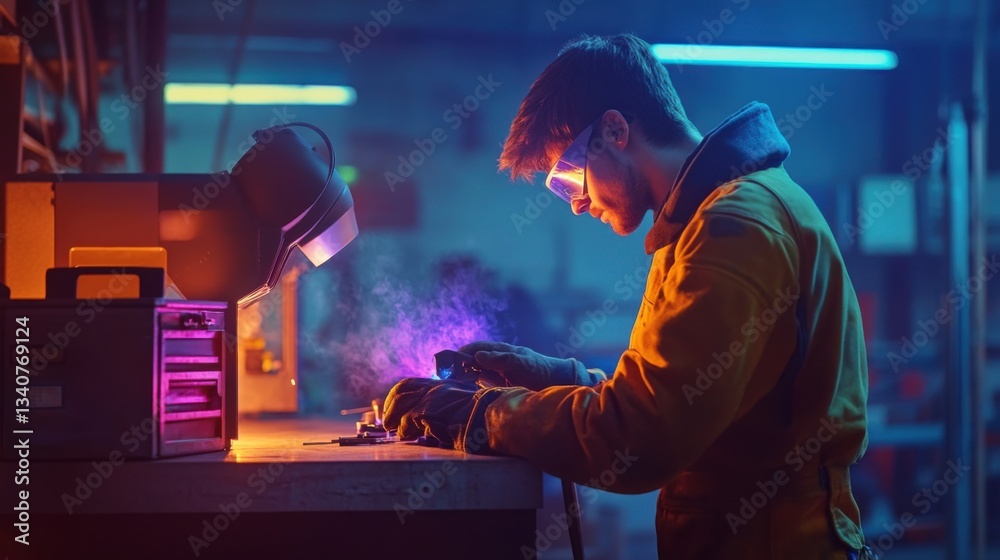 Skilled welder focused on metal fabrication in modern workshop, utilizing protective gear and precision tools in vibrant and dynamic lighting environment