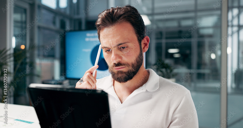 Fototapeta premium Thinking, business man and tablet in office for problem solving or reading in startup. Technology, serious and worker with creative ideas, insight or content writer search for inspiration at night