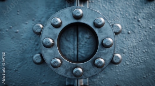Close-up of a reinforced pipeline flange with securely fastened bolts. Defined industrial textures with sharp mechanical lines.