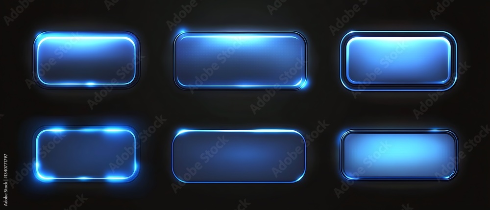 Set of glowing blue rectangular and circular frame vector icon set on a black background Set of glowing blue rectangular and circular frame vector icon set on a black background
