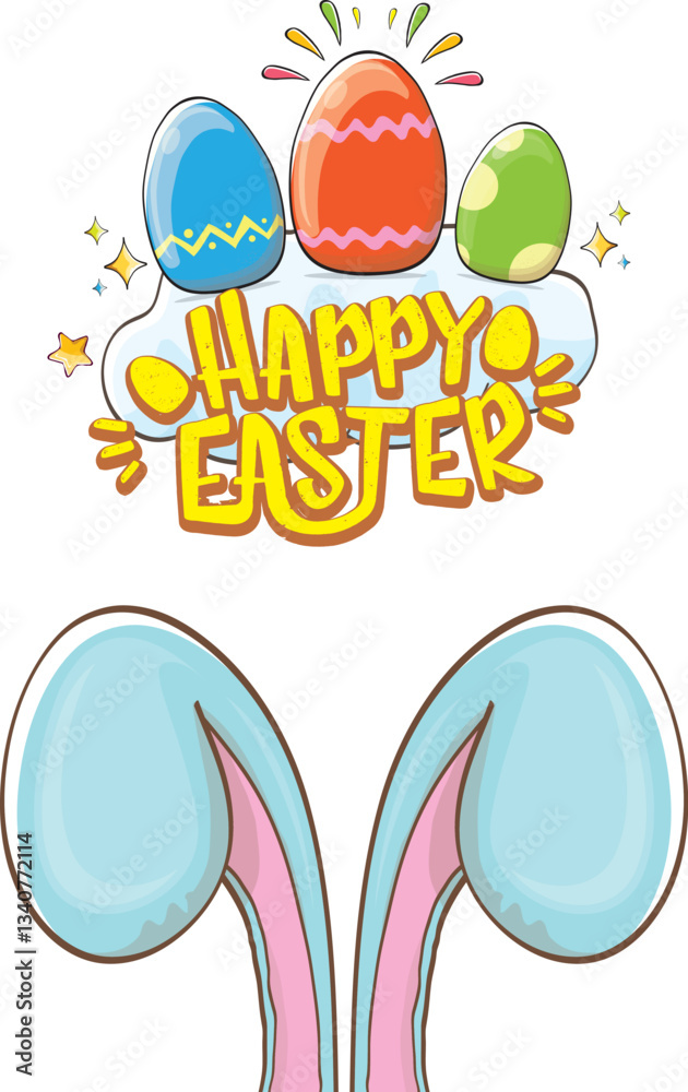 Fototapeta premium Easter bunny with calligraphic text happy easter isolated on white background. Vector cartoon Happy Easter greeting card and banner with blue rabbits ears