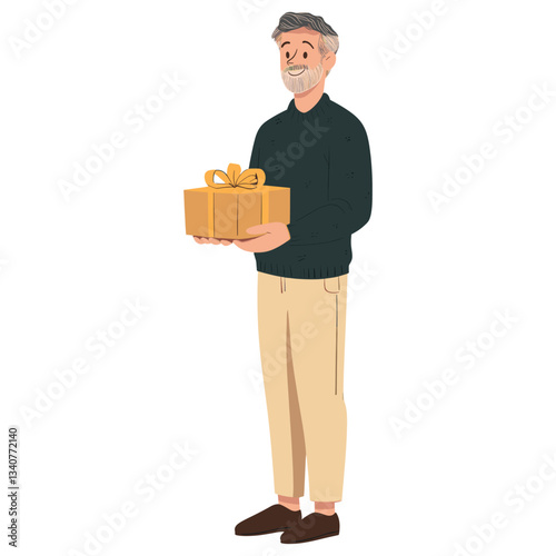 Senior man holding a gift box illustration cartoon cardboard vector