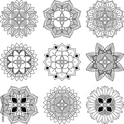 Set of 9 hand drawn Mandalas Vector, NOT generative AI Images.