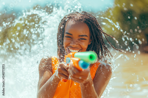 Happy traveler African woman wearing summer shirt holding colourful squirt water gun over blur park, Water festival holiday concept