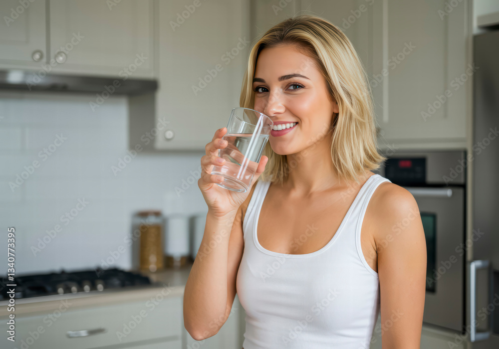 Happy woman drinking fresh water in a bright kitchen at home Happy woman drinking fresh water in a bright kitchen at home