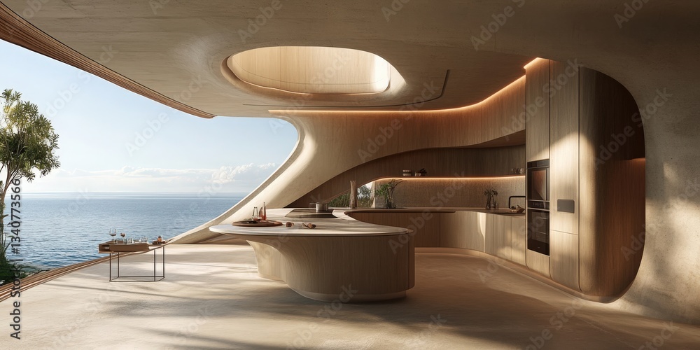 Fototapeta premium Innovative organic architectural design with a high-end modern kitchen that opens to a breathtaking ocean view, combining futuristic aesthetics and eco-conscious materials