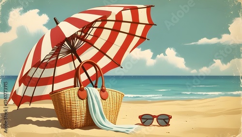 vintage beach scene with striped umbrella and woven bag for nostalgic summer vacation illustrations