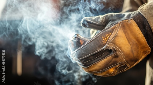 Close-Up of a Gloved Hand Holding a Smartphone with Smoke Rising, Symbolizing Technology and Innovation in a Modern Environment