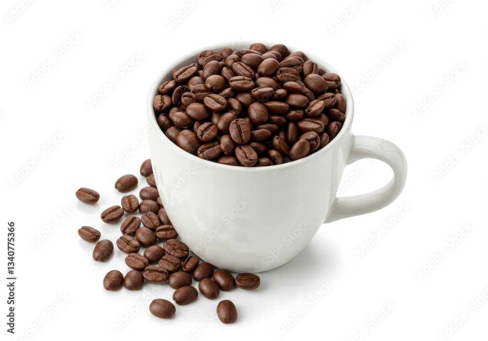 Freshly grinded coffee beans with a ceramic mug, isolated on white for minimalist coffee themes. Freshly grinded coffee beans with a ceramic mug, isolated on white for minimalist coffee themes.