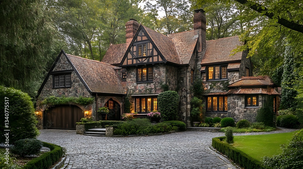 Fototapeta premium Majestic Stone House in a Lush Green Setting