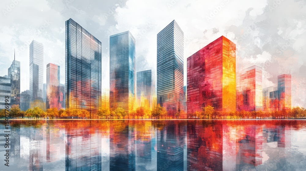 Obraz premium Watercolor painting of a city skyline reflected in the water