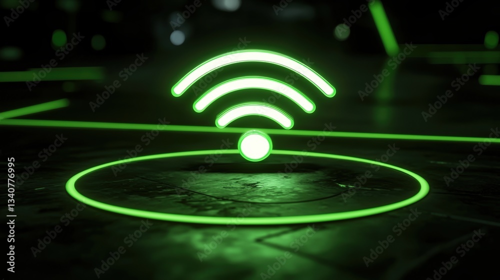 Fototapeta premium Vibrant green wireless technology concept with neon wifi symbol on a high tech floor at night