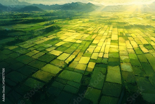 Aerial view of rice fields in the morning light, with mountains and sun rays. The colors are a vibrant yellow-green, creating a beautiful landscape. 