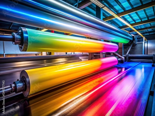 Silhouette of Vibrant CMYK Rainbow Rollers in Motion During Offset Printing Production