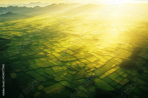 Aerial view of rice fields in the morning light, with mountains and sun rays. The colors are a vibrant yellow-green, creating a beautiful landscape. 