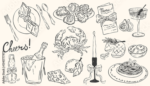 Hand drawn chalk food illustrations. Wine glass, oysters plate, cheese, champagne drawings for wedding invitations, cafe menus and parties. La dolce vita italian sketch style. Vector ink drawing
