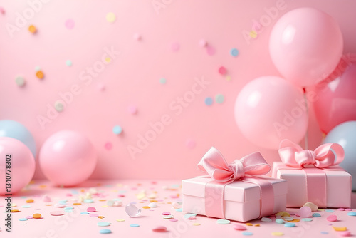 festive pink birthday party background, pastel pink surface, colorful balloons, scattered confetti, neatly arranged gift boxes with ribbons, soft and dreamy lighting, celebration scene, cheerful and e