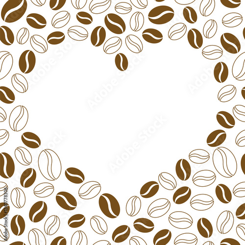 Heart frame greeting card. Coffee beans border. Vector seamless pattern on white background.