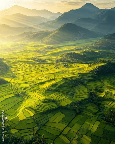 Aerial view of rice fields in the morning light, with mountains and sun rays. The colors are a vibrant yellow-green, creating a beautiful landscape. 