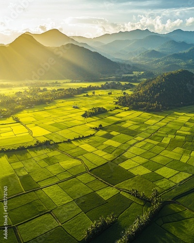 Aerial view of rice fields in the morning light, with mountains and sun rays. The colors are a vibrant yellow-green, creating a beautiful landscape. 