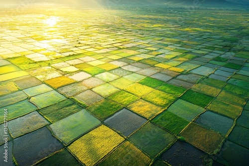 Aerial view of rice fields in the morning light, with mountains and sun rays. The colors are a vibrant yellow-green, creating a beautiful landscape. 