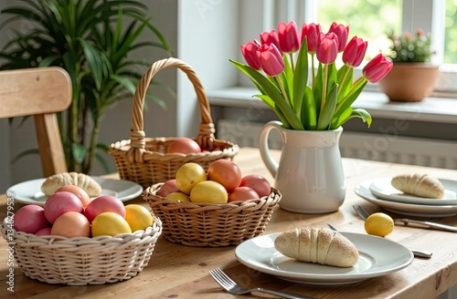 Wallpaper Mural Easter table with painted eggs, fresh pastries and a bouquet of tulips Torontodigital.ca