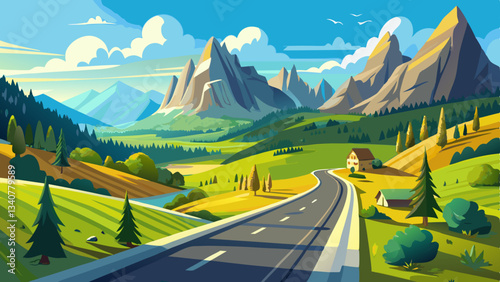 Road in mountain valley at sunny morning in Dolomites, Italy. Scene with asphalt roadway, meadows with green grass, mountains, blue sky with clouds and sun. Highway in fields. Trip in europe