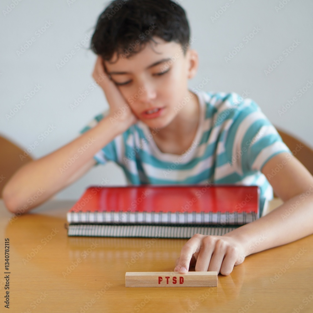 PTSD concept. preadolescent child pointing out the acronym for this mental health problem. PTSD concept. preadolescent child pointing out the acronym for this mental health problem.