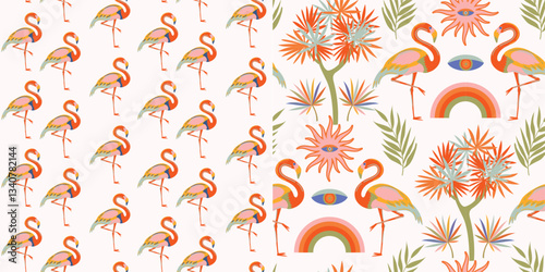 Tropical psychedelic seamless vector floral summer pattern background with tropical palm leaves, flamingo, rainbow and sun. Perfect for wallpapers, fabrics, fashion etc.