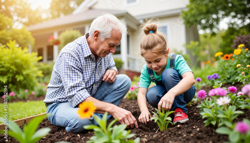 Wallpaper Mural Joyful gardening with grandfather and granddaughter in home garden, family bonding Torontodigital.ca