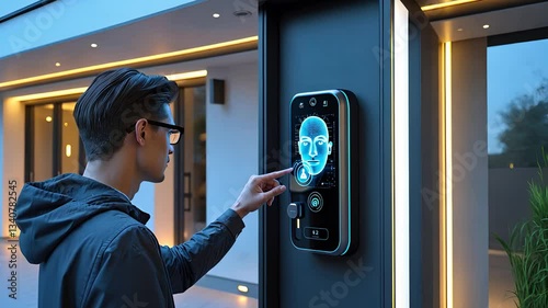 Futuristic Smart Home Facial Recognition Access Control with Advanced Biometric Security System in a High-Tech Environment

 photo