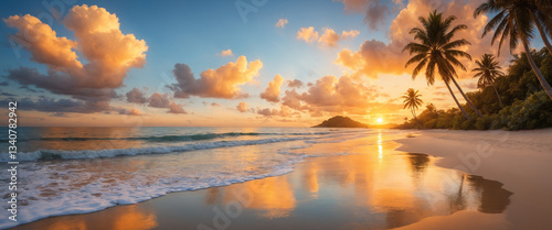Photorealistic Tropical Beach Sunset - A Tranquil Paradise in Golden Light