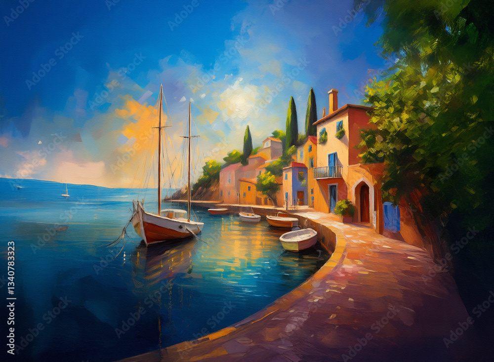 Fototapeta premium Coastal scene of boats moored by colorful buildings on a sunny day. Blue sea provides a peaceful background to the vibrant walkway.