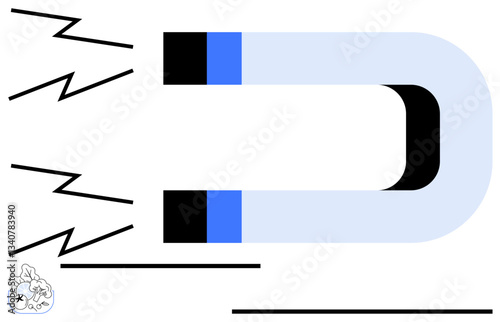 Horseshoe magnet emitting zigzag energy lines, symbolizing attraction, force, and dynamism. Ideal for science, physics, power, magnetism energy and technology themes. Flat simple metaphor