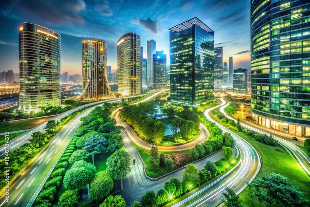 Naklejka premium Smart Eco City Night Lights Long Exposure Photography - Sustainable Urban Landscape