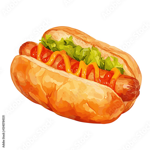 Sausage in bread with sauce and veggie Hot dog illustration watercolor food vector
