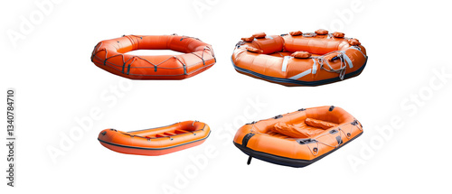Isolated inflatable life raft on white background.
