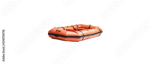 Isolated inflatable life raft on white background.
