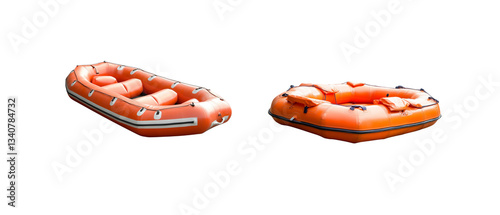 Isolated inflatable life raft on white background.
