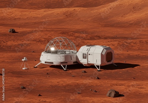 Space exploration, future habitat on mars, space colonization concept, futuristic mission to the red planet, extraterrestrial research in space base, planet expedition