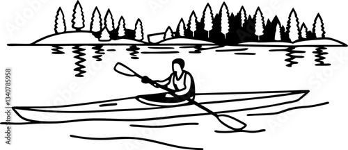 Kayaker paddling on calm lake, surrounded by forested landscape serene outdoor adventure and nature exploration