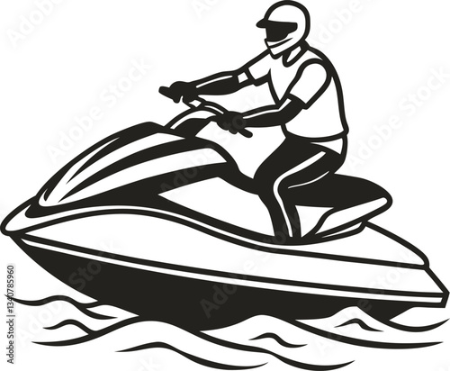 Jet ski silhouette person riding watercraft, waves splashing adventure, water sport fun