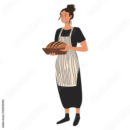 Woman baker with stripe apron illustration cartoon bread vector
